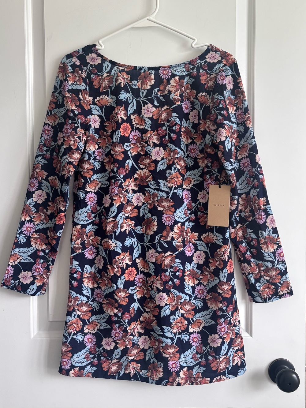 NWT Halogen long-sleeve floral print A-line mini dress boat V Shaped Back